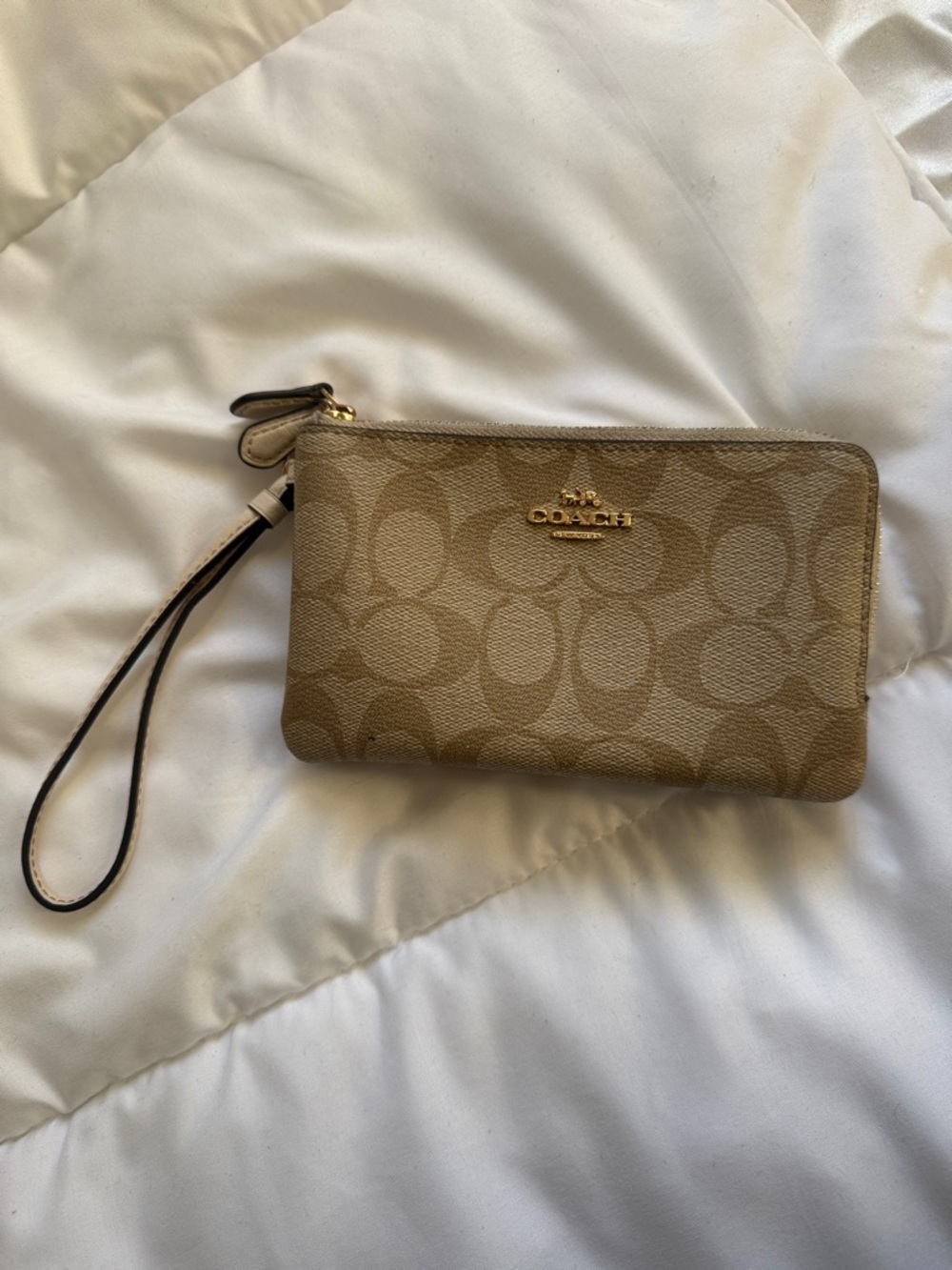 Coach Tan Signature Canvas Wristlet with Gold Hardware